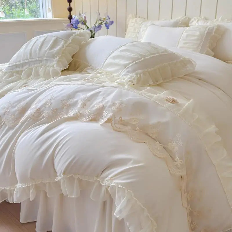 Cyflymder  Luxury Solid Color Bed Skirt Bedding Sets with Lace Silky Breathable Bedclothes for Home All Seasons Single Double Bedspread Kit