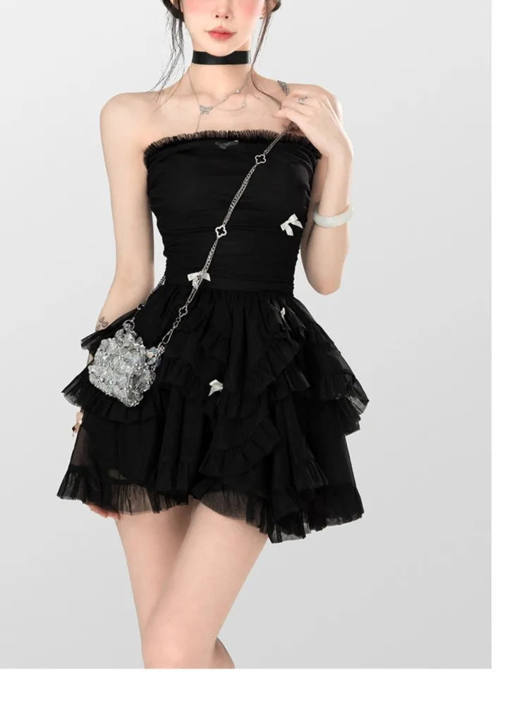 Cyflymder  Summer French Vintage Sweet Dresses Female Kawaii Y2K Fashion Fariy Mini Dress Korean Party Ruffles Puff Sleeve Cake Dress
