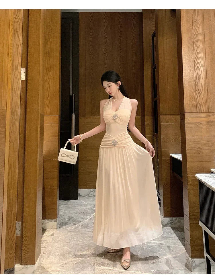 Cyflymder  French Style V-Neck Hanging Neck Slimming Long Dress Sexy Pure Desire Beach Vacation Dress Elegant Waist-Cut Gown