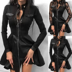 Cyflymder  Women's long sleeved zipper pocket hemp imitation leather lace mini dress women's clothing elegant and fashionable party dress