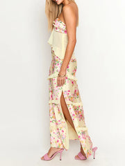 Cyflymder  Women Floral Outfit Off Shoulder Split Front Tube Tops High Rise Long Skirt 2 Pcs Set for Party Club