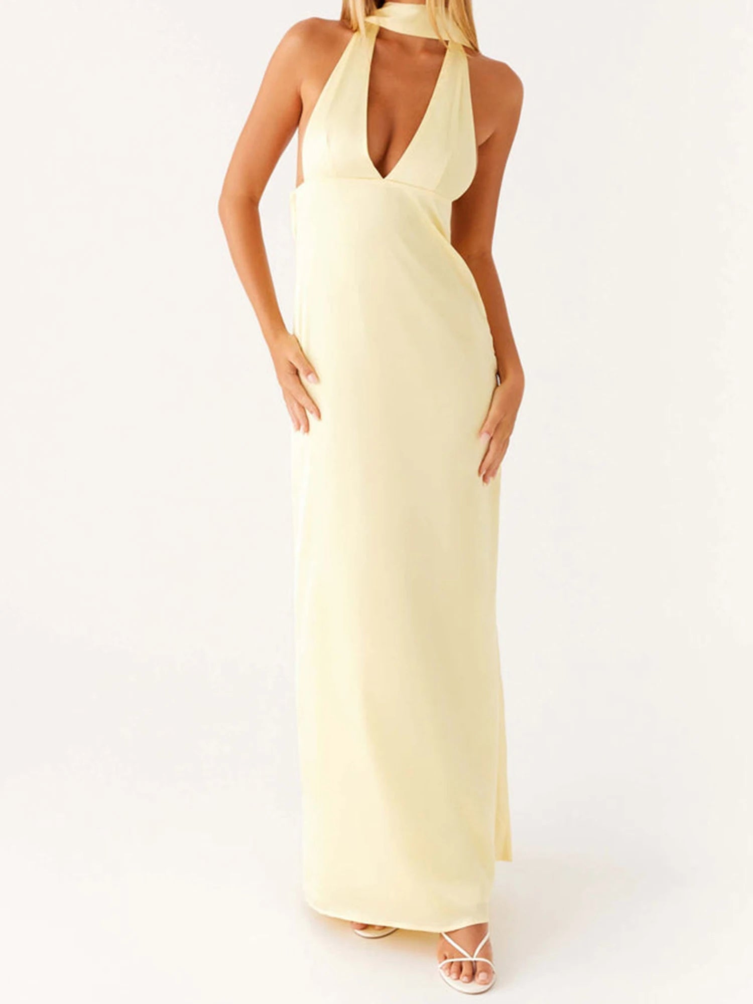 Cyflymder  Elegant Maxi Dress with Boho Floral Print and Halter Neckline Sexy Backless V-Neck Sleeveless Dress for Summer Beach Party