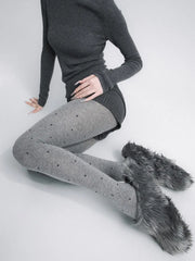 Cyflymder  Women Polka Dot Knit Tights Burgundy Light Gray Dark Gray Warm High Waist Footed Pantyhose Y2K Stockings for Fall Winter Outfits