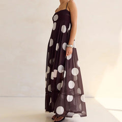 Cyflymder  Retro Polka Dot Maxi Dress Elegant Lady Spaghetti Strap Flowy Dresses for Women Summer Vacation Brunch Outfits