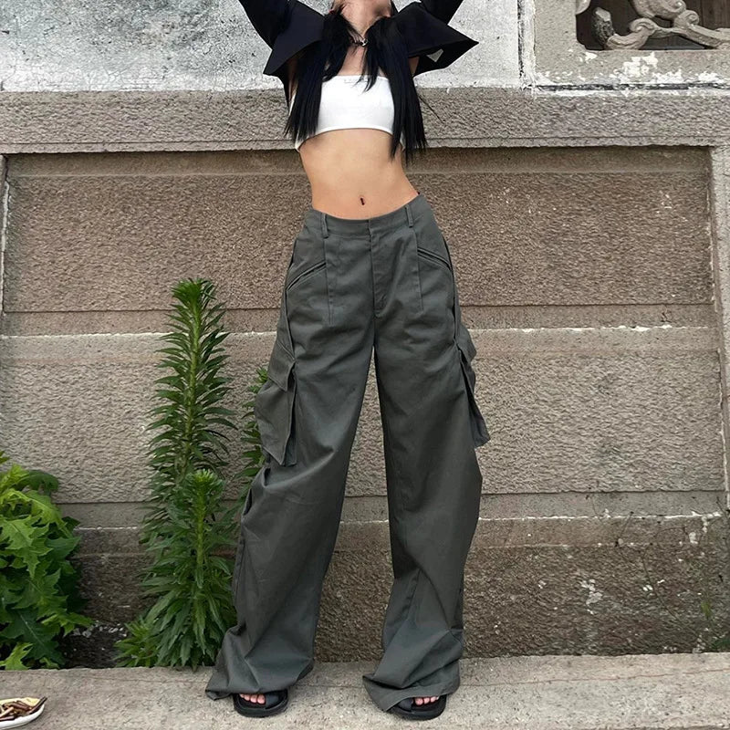 Cyflymder  American Retro Baggy Cargo Pants Y2K Streetwear Low-Waisted Wide Leg Trousers Female Fashion Big Pocket Straight Pants