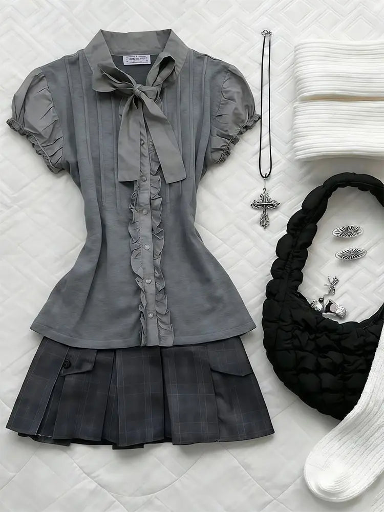 Cyflymder  Preppy 2-Piece Set Dresses American Retro Goth Top+Skirt Y2k 2000s Japanese Harajuku Hot Girl Women's Dress Fashion Grunge Chic