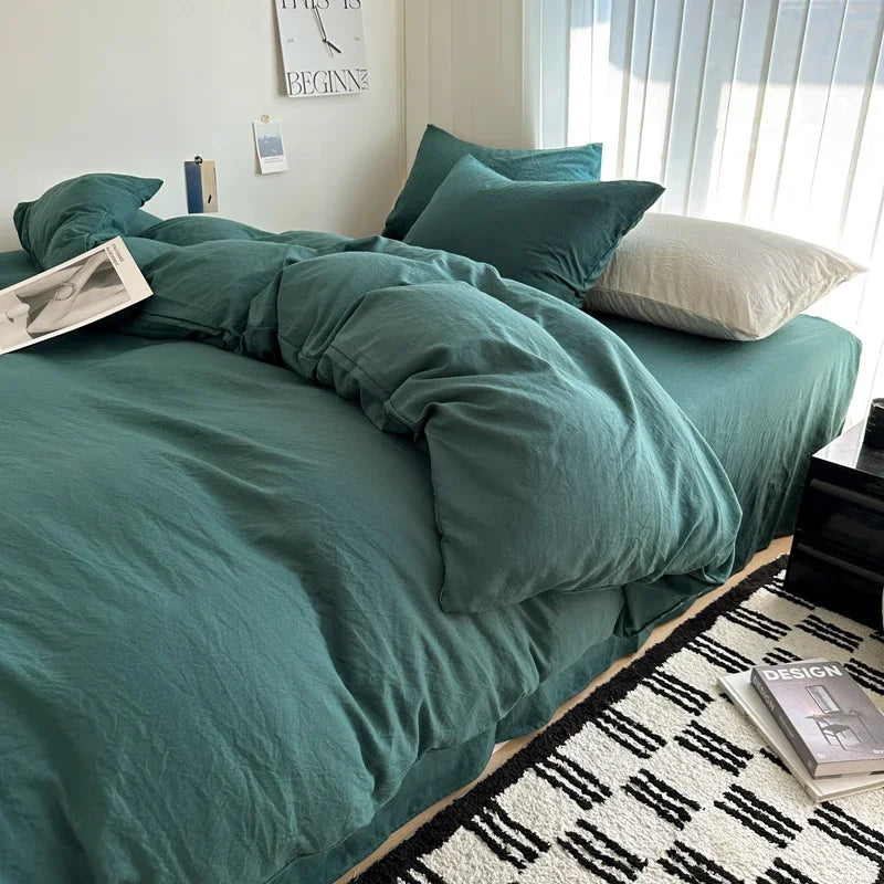 Cyflymder  Bed Linen Solid Cotton Bedding Set with Sheet Duvet Cover Pillowcases Single Couple Bedsheet King Queen Double Twin Size