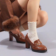 Cyflymder   Big Size 43 Vintage Brown Slip On Pumps Women Shoes Classic Square High Heels Office Lady Loafers Retro Shoes