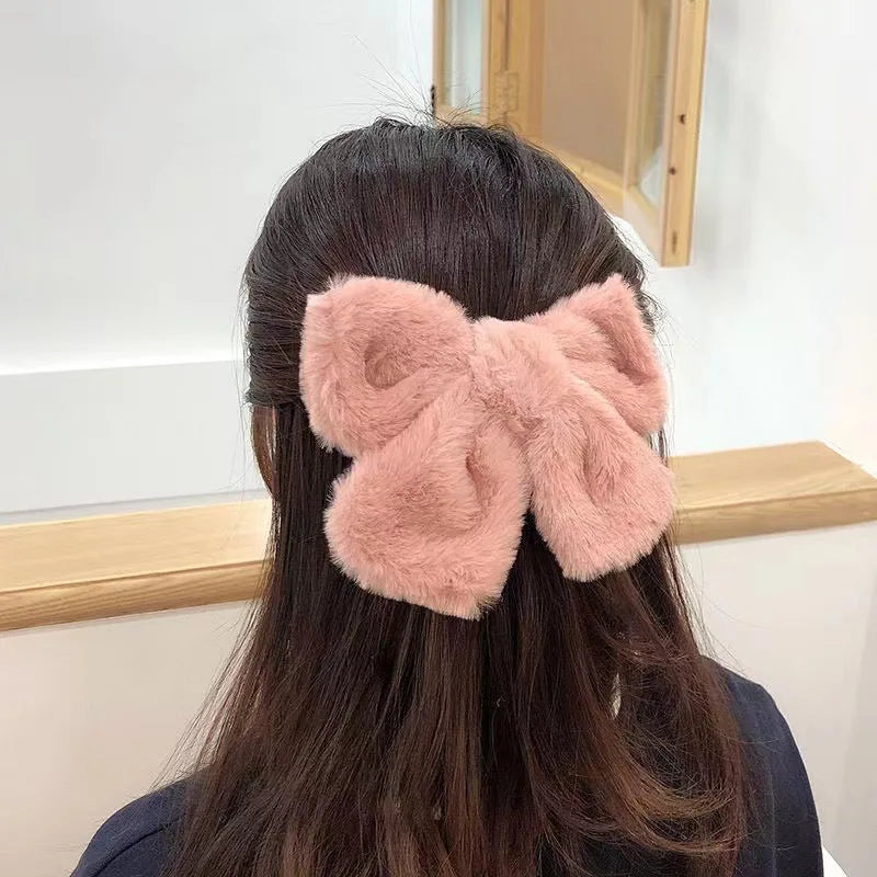 Cyflymder Winter Cute Plush Bowknot Hairpin Women Korean Simple Solid Color Bow Hair Clips Large Barrette for Girls Hair Accessories