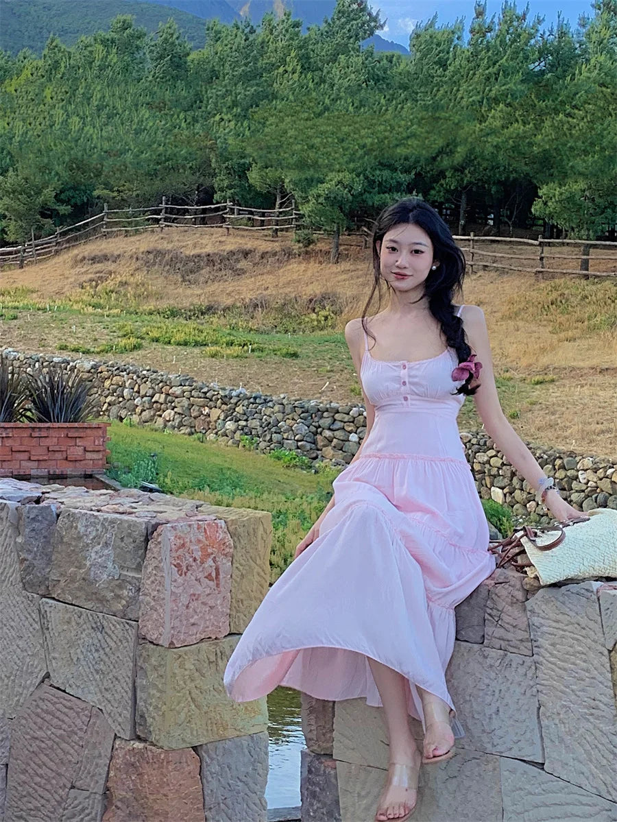 Cyflymder  Pink Summer Sexy Long Dress Women Fashion High Waist Sleeveless Solid Straps Dress Casual Elegant Party  Lady Dresses