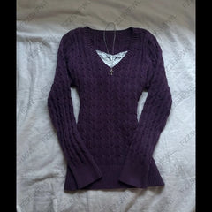 Cyflymder  Women's Solid Purple Cable Knit Sweater V‑Neck Long Sleeve Slim Fit Casual Autumn Knit Top