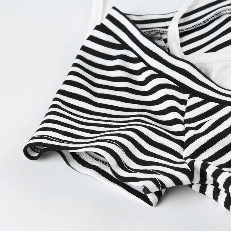 Cyflymder  Casual Patchwork Striped T Shirt Fake 2 Piece Basic Halter O-Neck Short Sleeve Tees Women 2025 Summer Fashion Streetwear