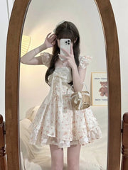 Cyflymder  Floral Sweet Cute Bow Dress Women Slim Vintage Flying Sleeve Mini Dress Summer Elegant Vintage French Sexy Lady Vestidos