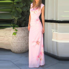 Cyflymder  Summer Elegant Sleeveless Slim Vacation Dress Fashion High Waist Pleated Dresses Temperament V-neck Floral Printed Evening Dress
