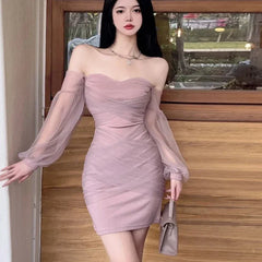 Cyflymder French Sexy Halter Mesh Party Strapless Dress Women Spring Elegant Long Sleeve Slim Waist Wrapped Short Dresses Vestido