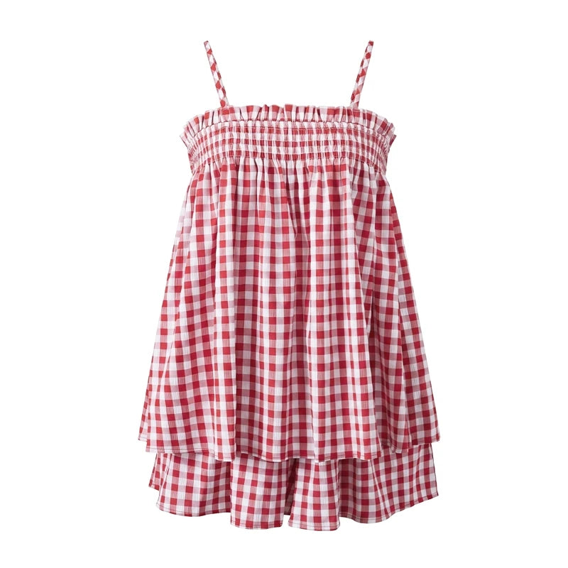 Cyflymder  Women Gingham 2 Piece Pajama Set Flowy Peplum Babydoll Cami Top Wide Leg Shorts Sets Summer Beach Lounge Outfit