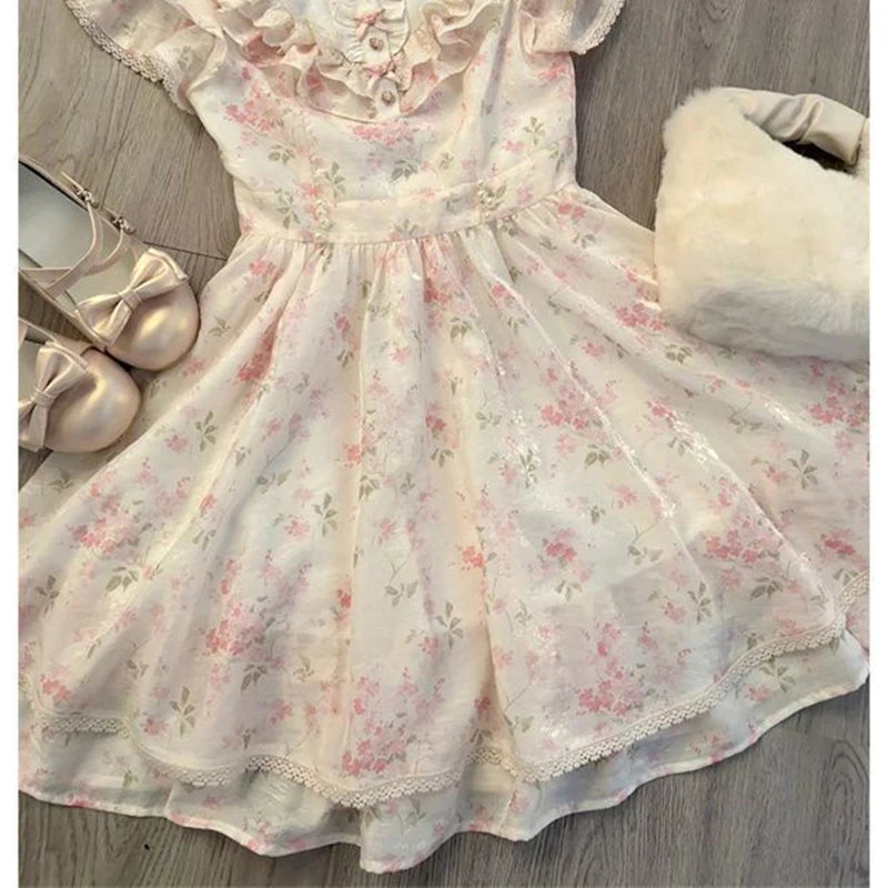 Cyflymder  Kawaii Floral Mini Dress Women Japanese Lolita Cute Bow Ruffles Patchwork Dresses Summer Korean Fashion Bodycon A Line Vestidos