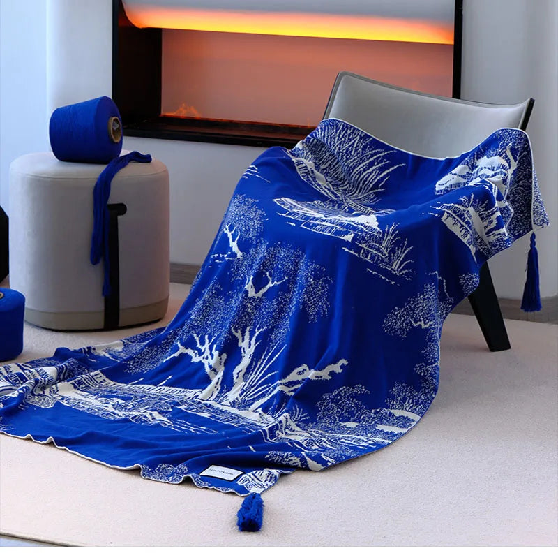 Cyflymder  Ethnic Style Pure Cotton Blue Sofa Blanket Napping Knitted Blanket for Living Room Bedroom Adult Kids Sofa Cover for All Seasons