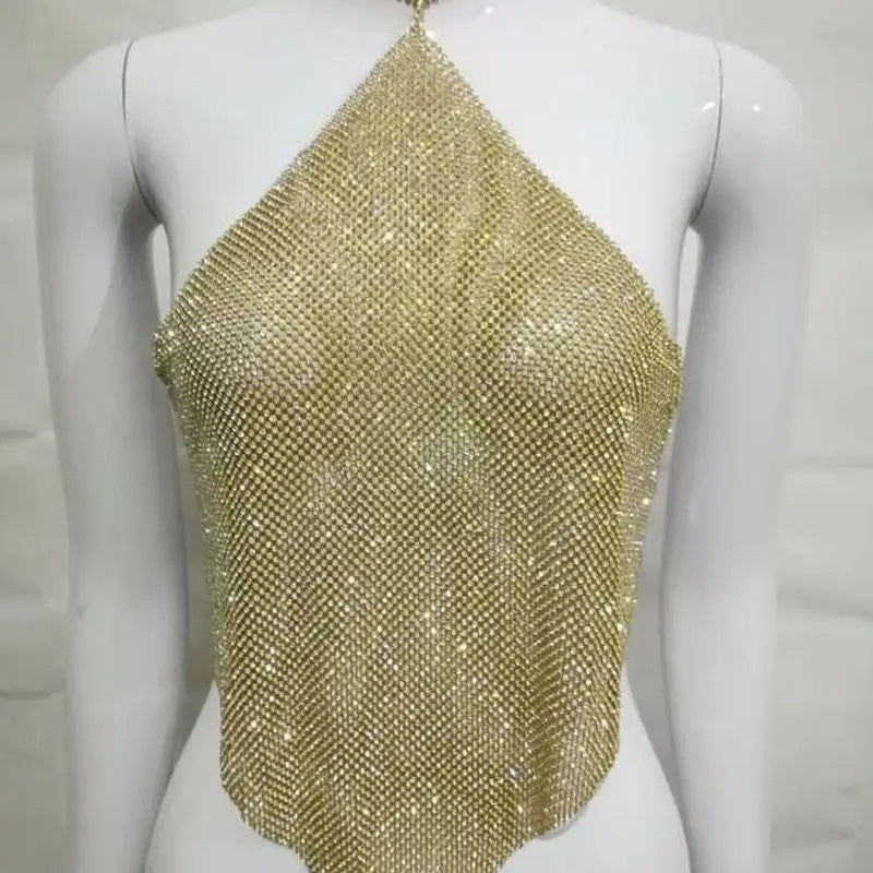Cyflymder  Cross-Border New Summer Women's Metal Rhinestone Tank Top Sexy Spicy Girl Club Crop Top with Nelace Glittering Beads Ladies