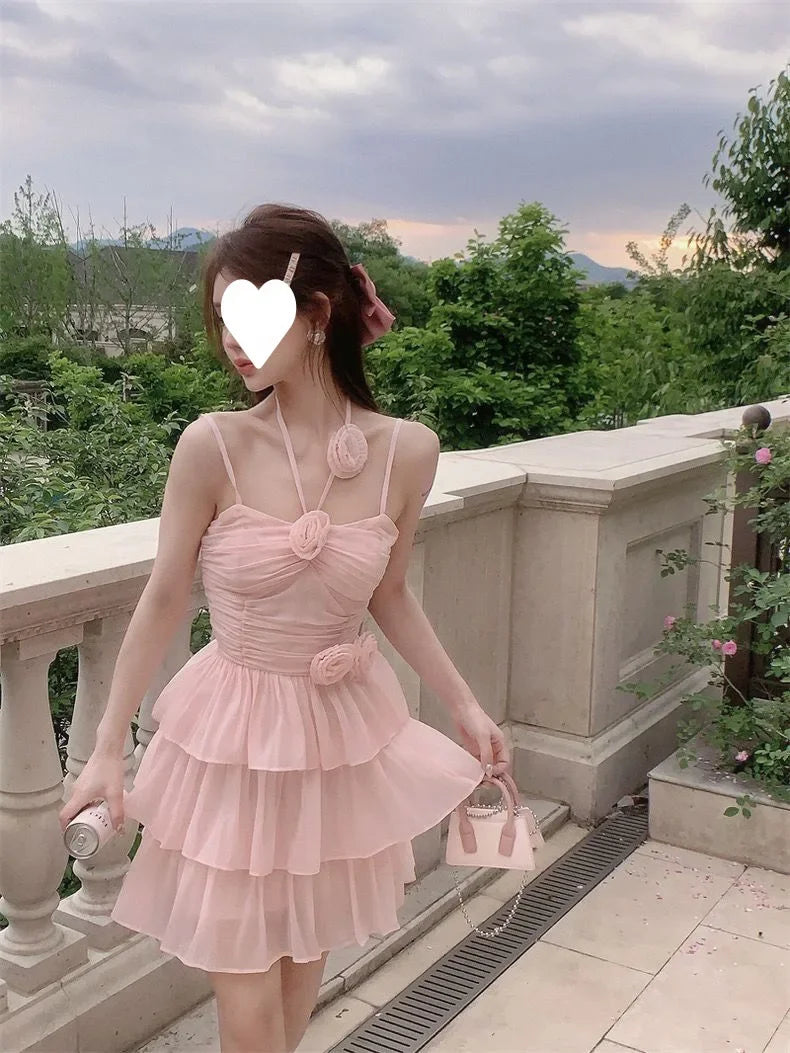 Cyflymder  Ballet Style Off-Shoulder Strap Dress Women's Summer New Waist-Cinching Slimming Heavy-Work Design Short Cake Skirt Dress