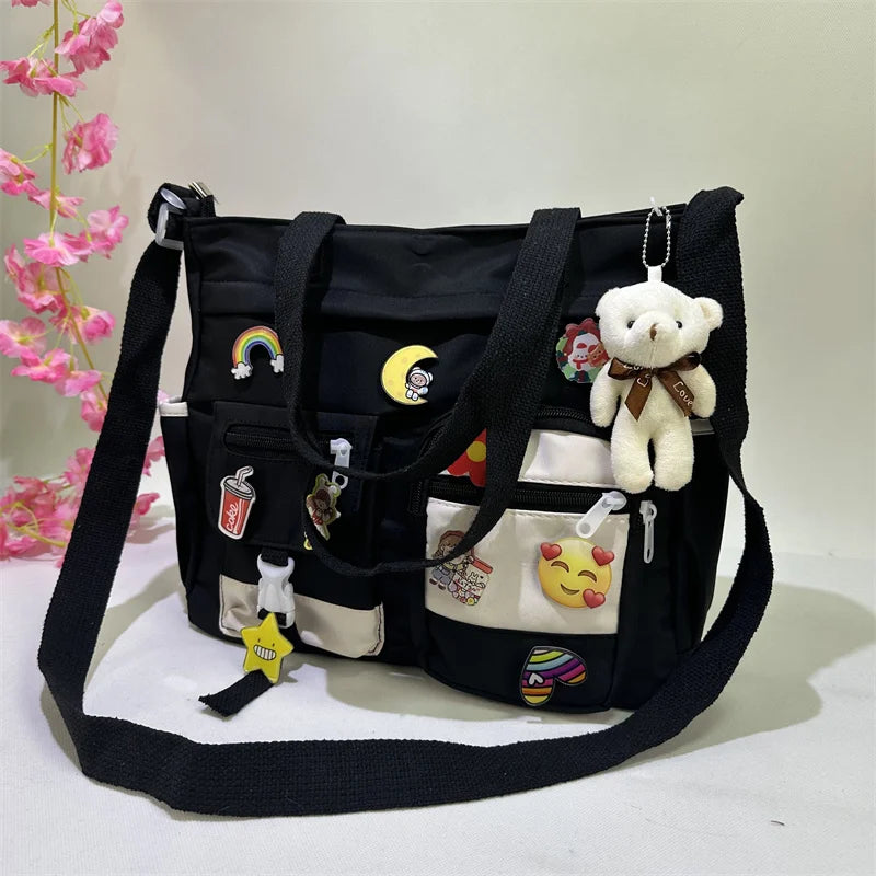 Cyflymder  Waterproof Oxford Cloth Handbag Fashion Splicing Crossbody Bag with Badge Pendant Women Shoulder Bag Student School Bags Satchel