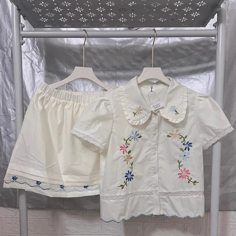 Cyflymder  2 Piece Sets Women Outfit Kawaii Lace Floral Embroidery Short Sleeve Shirts Vintage Cute Mini Skirt Summer New In Matching Sets