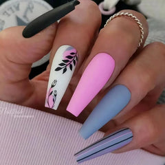 Cyflymder   24Pcs Wearable Long Coffin Fake Nails Love Heart Press on False Nails Cute Sweet Mini Flower French Nail Art Pink French Nail