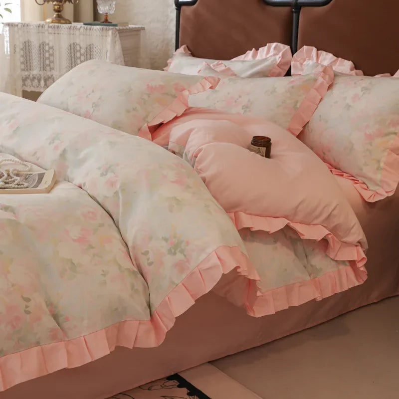 Cyflymder  Princess Double-Layer Yarn Pure Cotton Bedding Set Skin Friendly Duvet Cover Kit for All Seasons Home Dormitory Comforter Set
