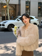 Cyflymder Autumn and Winter New Imitation Fox Fur Grass Women's Winter Short Style Temperament Coat Thick Open Collar Plush Jacket