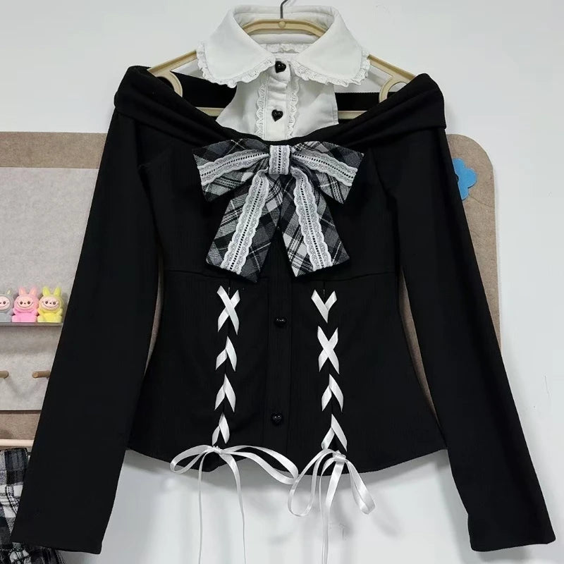 Cyflymder  Japanese Gothic Y2k Lolita Skirt Set Women Sweet Lace Bow Bandage Knitted Off-shoulder Top Plaid Mini Skirts Kawaii Slim Outifit