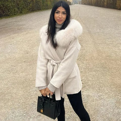 Cyflymder  Female Fur Feather Hoodie Overcoat Lace-Up Pocket Lapel Long Sleeve Loose Cardigan jacket Winter Warm Faux Fur Outwear