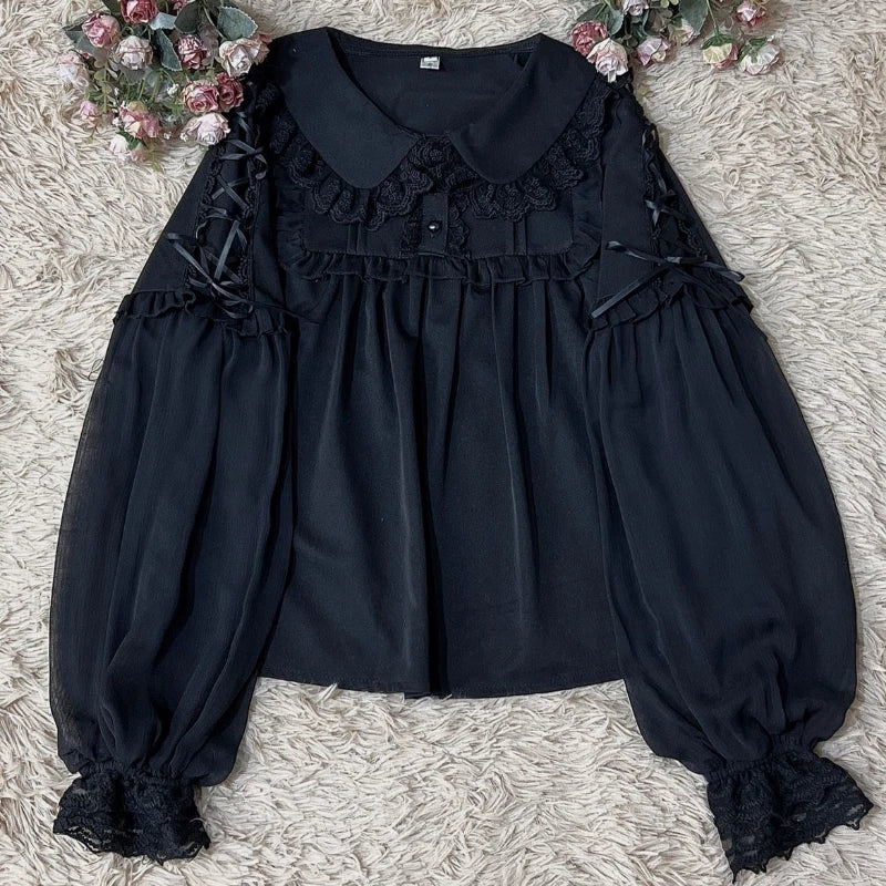 Cyflymder Japan Style Sweets Lolita Blouse Women Kawaii Lace Peter Pan Collar JK Shirts Girls Chic Long Lantern Sleeve Black White Blouses