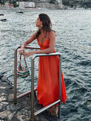 Cyflymder  Orange Backless Tie Up Sexy Summer Women Dress V Neck A-line Beach Slip Dress Spaghetti Strap Party Midi Vestidos