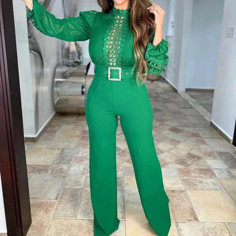 Cyflymder  Women Casual O-neck Long Sleeve Party Romper Elegant Lace-Up Belt Waist Solid Playsuits Fashion Patchwork Hollow Long Jumpsuit