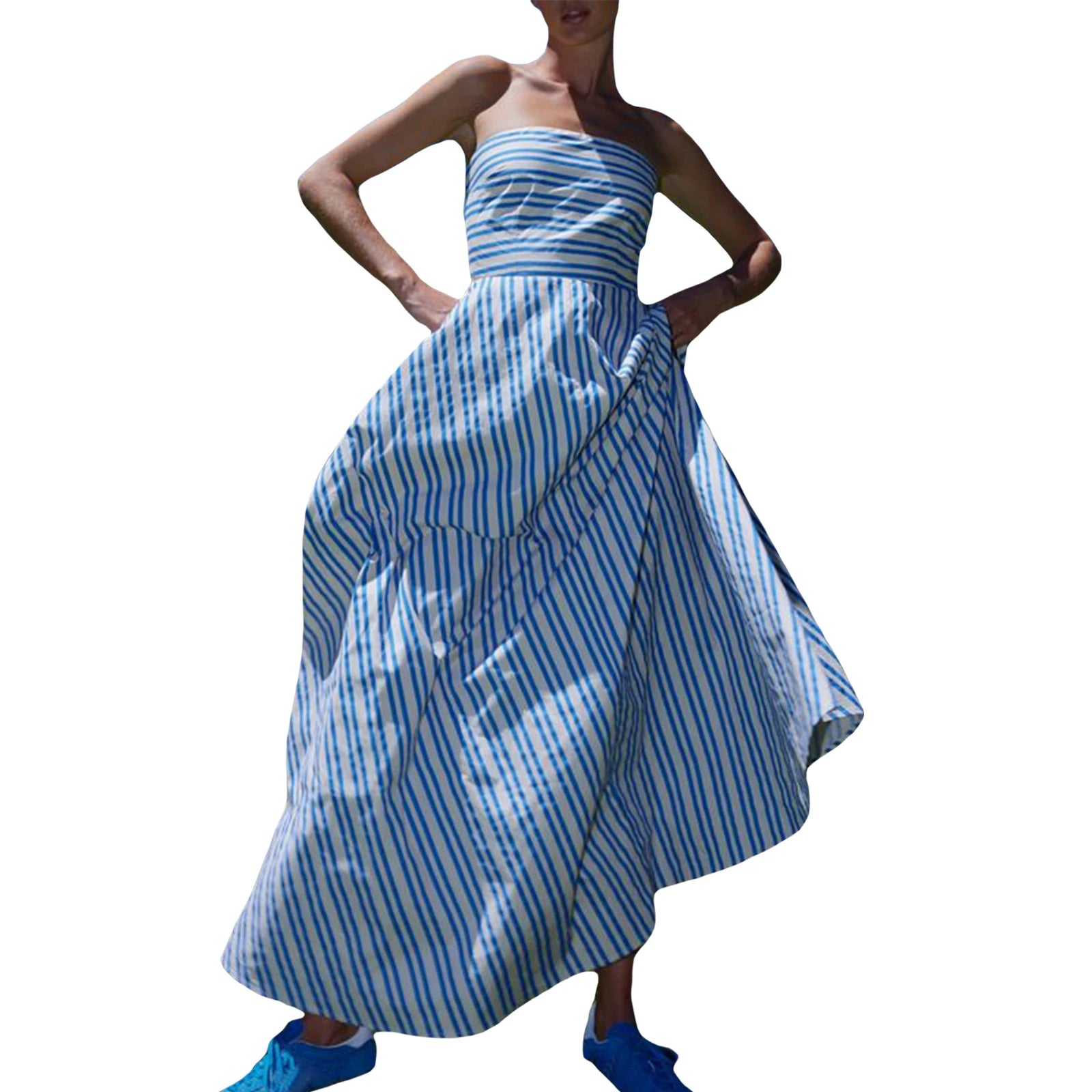 Cyflymder  Summer Classic Striped Strapless A-Line Party Dress for Cocktail Party Beach Streetwear Women's Off-Shoulder Tube Long Dress