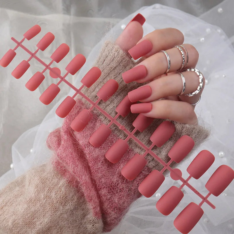 24Pcs/Set Matte False Nails Glue Square Head Frosted Press On Fake Nail Tips Full Cover Artificial Fingernails Ballet Detachable