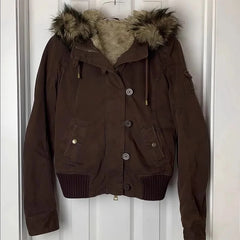 Cyflymder  Winter  American Vintage Y2K Warm Faux Fur Jacket Womens Brown Zipper Hooded Coat Autumn Casual Parkas Overcoats