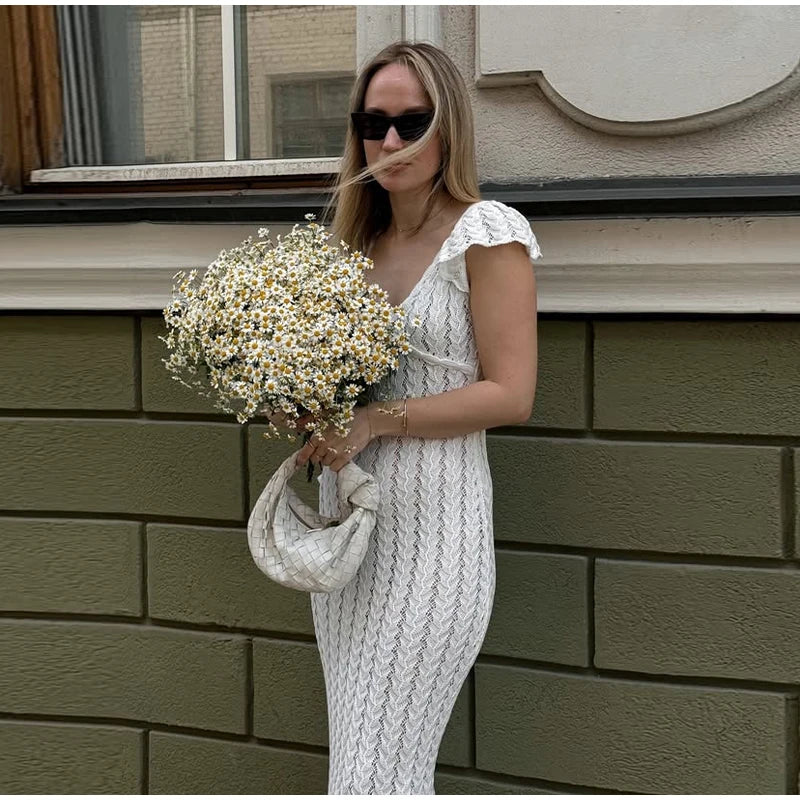 Cyflymder  Chic V-Neck Knitted Lace Long Dress Woman Hollowed Out Short Sleeves Slim Robes Solid Color Casual Elegant Women's Long Dresses