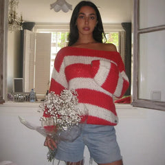 Cyflymder  Women Y2k Striped Sweater Oversized Long Sleeve Color Block Knitted Pullover Aesthetic Loose Crewneck Knit Tops