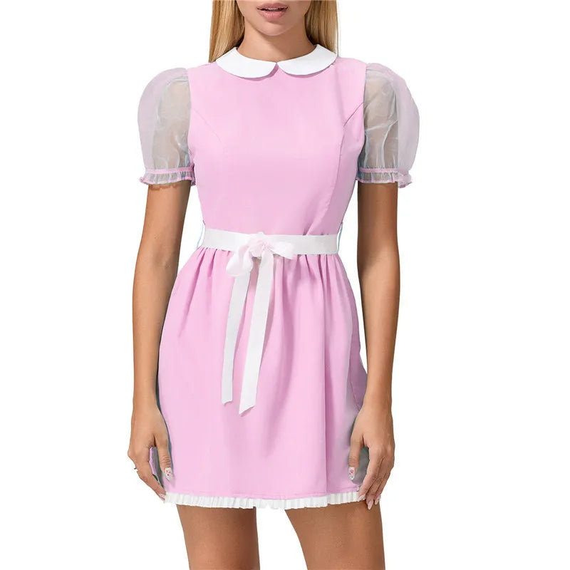 Cyflymder  Halloween Women Summer Mini Sweet Dress Short Sheer Mesh Sleeve Doll Collar Dress with Belt Y2K Vintage Festival Clothes