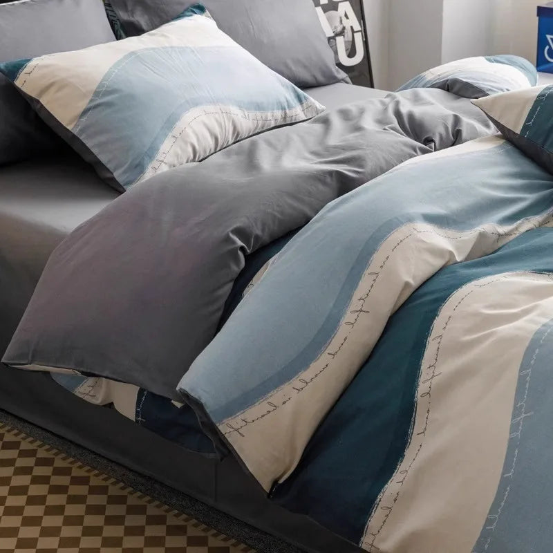 Cyflymder  Simple Nordic Pure Cotton Striped Bedding Set Naked Sleeping Comfortable Duvet Cover Set Fitted Sheet Kit for Single and Double
