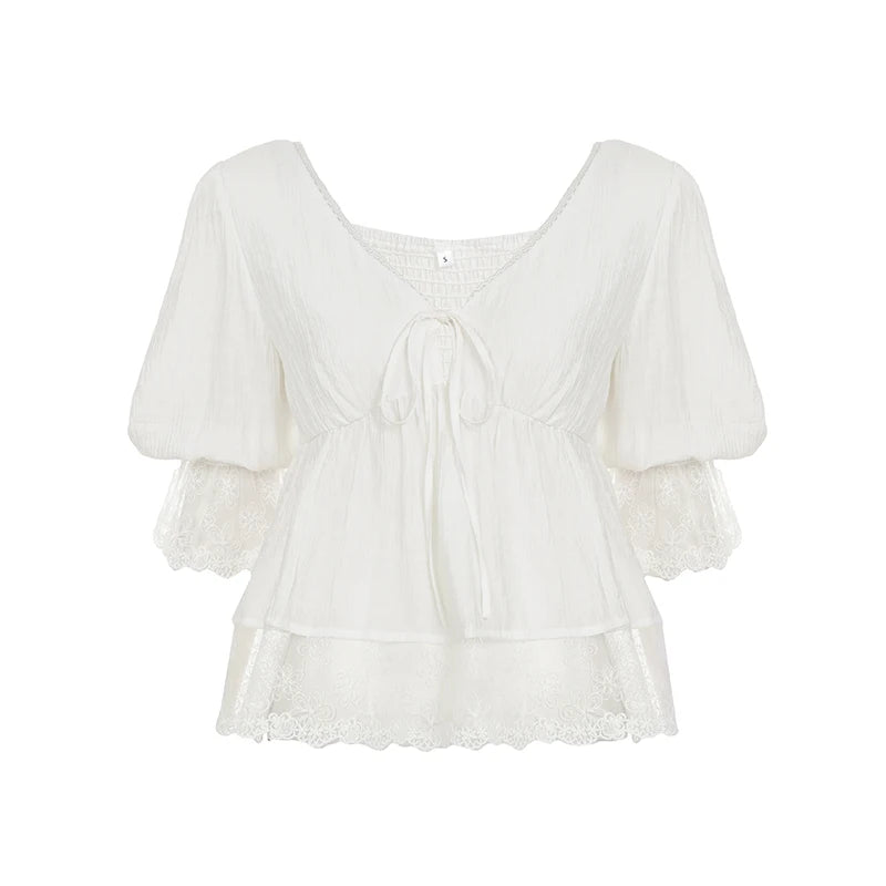 Cyflymder  Elegant V-neck Lace Patchwork Flared Sleeve White T-shirts Women's Summer Casual A-Line Loose Cute Top Tees Fashion New