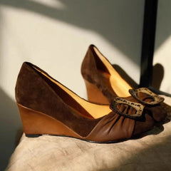 Cyflymder  French Retro Wooden Square Buckle Pumps Women Shallow Mouth Premium Round Toe Wedge Heel Vintage Dress Footwear