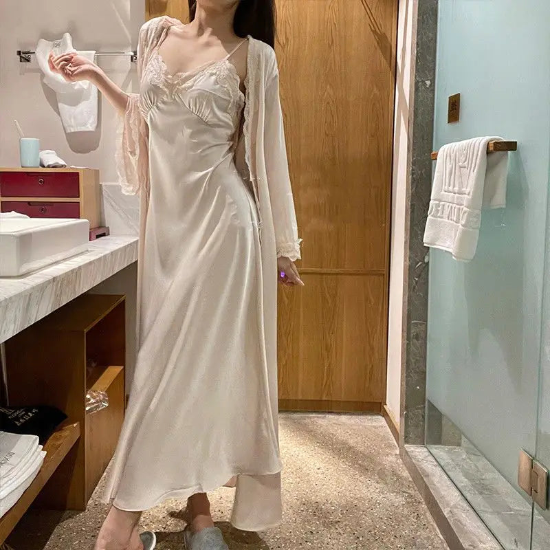 Cyflymder Autumn Silk Sexy Lace Dress Women Casual Korean Elegant Long Dresses Female Fashion Court Party Matching Two Piece Clothing