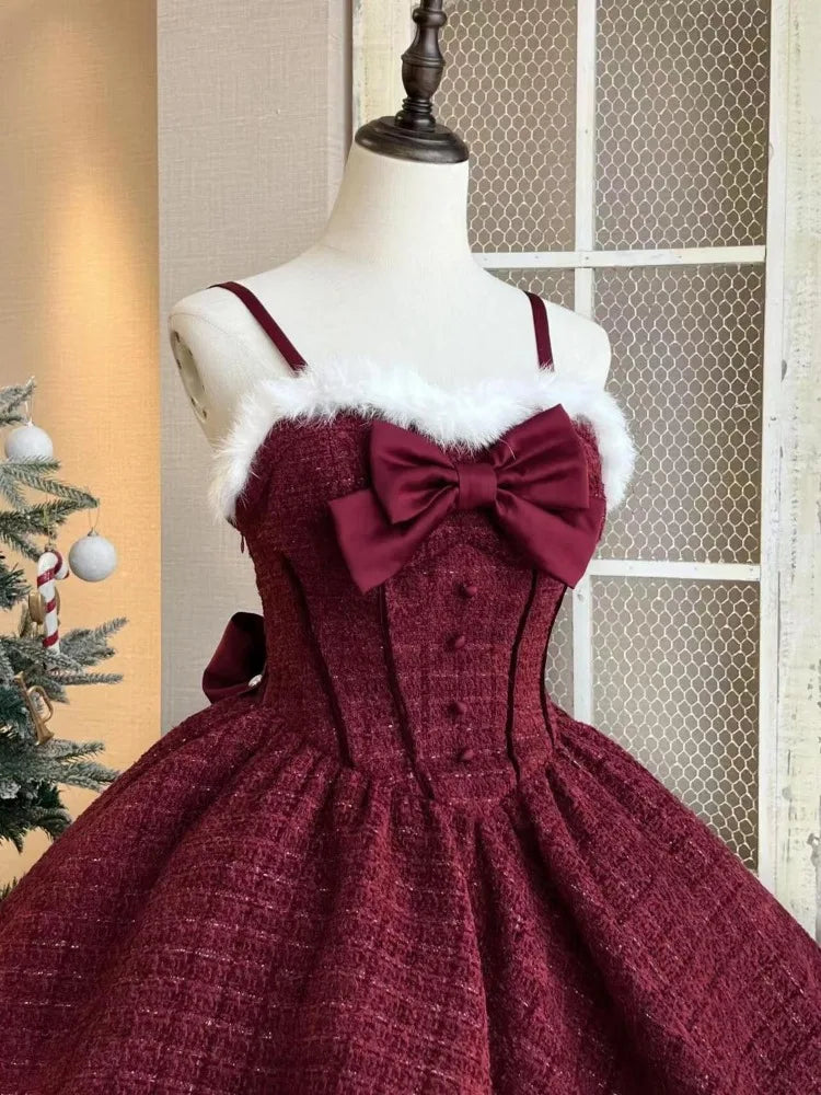 Cyflymder Christmas New Year 3 Piece Set Sweet Lolita Style Dress Sets Womens Elegant Chic Bow Plush Shawl Short Jackets Mini Skirts Suit