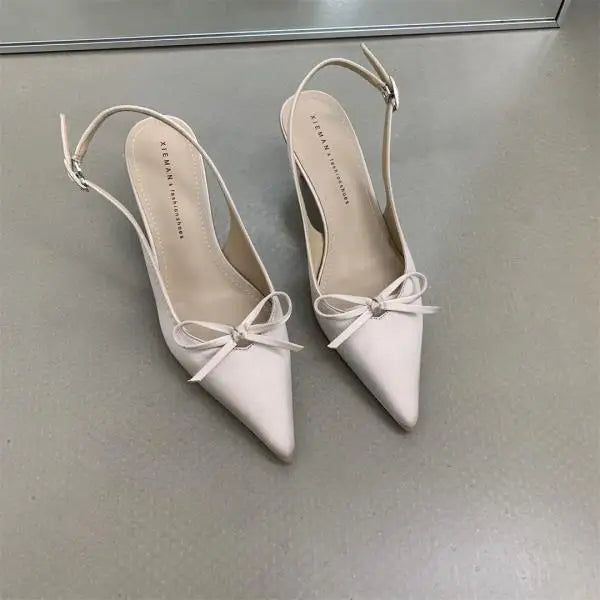 Cyflymder  Pointed Heel Sandals Black Shoes for Women 2025 Summer  Beige High Comfort Girls  Bow Elastic Band Closed Stiletto Low New Fashi