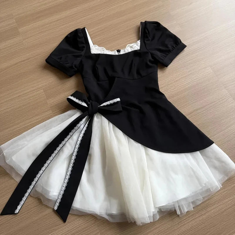 Cyflymder  Mesh Patchwork Sweet Dress Women Retro Cute Bow Slim Short Sleeve Mini Dress Casual Square Collar French Elegant Vestidos