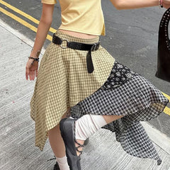 Cyflymder  Checkered Floral Patchwork Irregular Skirt Fashion Low Waist Mid-length Skirts Y2k Aesthetic Beachwear Coquette Outfits