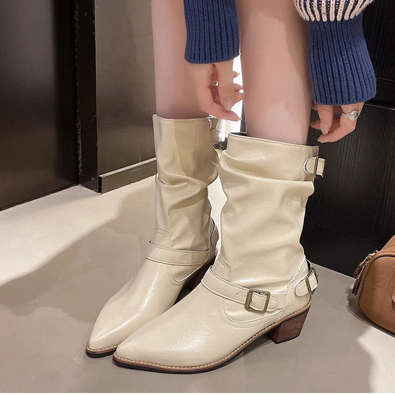 Cyflymder  Autumn Winter Vintage Thick Heel Women Western Cowboy Boots Slip On Belt Buckle Shoes Ladies Mid Calf Botas Zapatos De Mujer