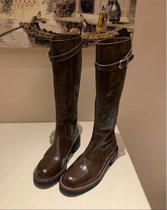 Cyflymder   New Design Belt Buckle Knee-High Boots Woman Zipper Low Heels Shoes Autumn Winter Round Toe Botas Para Mujer